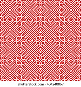 Seamless pattern with symmetric geometric ornament. Red white circles abstract background. Abstract repeated spheres and lines wallpaper. Vector illustration