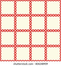 Seamless pattern with symmetric geometric ornament. Red white circles abstract background. Abstract repeated spheres wallpaper. Vector illustration