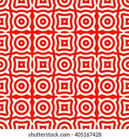 Seamless pattern with symmetric geometric ornament. Red white circles and squares abstract background. Abstract repeated elements wallpaper. Vector illustration