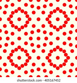 Seamless pattern with symmetric geometric ornament. Red white circles abstract background. Abstract repeated spheres wallpaper. Vector illustration