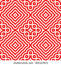 Seamless pattern with symmetric geometric ornament. Red white circles abstract background. Abstract repeated spheres and lines wallpaper. Vector illustration