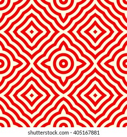 Seamless pattern with symmetric geometric ornament. Red white circles abstract background. Abstract repeated spheres and lines wallpaper. Vector illustration