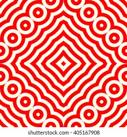 Seamless pattern with symmetric geometric ornament. Red white circles abstract background. Abstract repeated spheres and lines wallpaper. Vector illustration