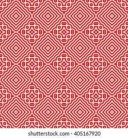 Seamless pattern with symmetric geometric ornament. Red white circles abstract background. Abstract repeated spheres and lines wallpaper. Vector illustration