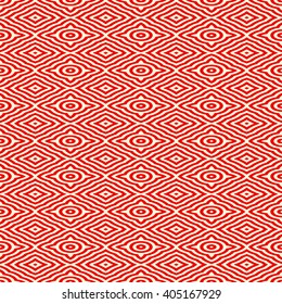 Seamless pattern with symmetric geometric ornament. Red white circles abstract background. Abstract repeated spheres and lines wallpaper. Vector illustration