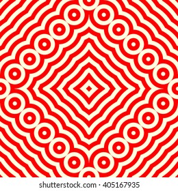 Seamless pattern with symmetric geometric ornament. Red white circles abstract background. Abstract repeated spheres and lines wallpaper. Vector illustration