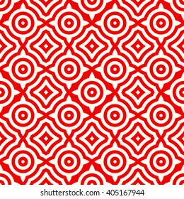 Seamless pattern with symmetric geometric ornament. Red white circles and squares abstract background. Abstract repeated elements wallpaper. Vector illustration