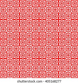 Seamless pattern with symmetric geometric ornament. Red white circles and squares abstract background. Abstract repeated elements wallpaper. Vector illustration