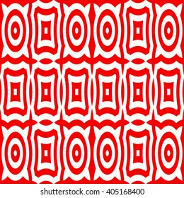 Seamless pattern with symmetric geometric ornament. Red white circles and squares abstract background. Abstract repeated elements wallpaper. Vector illustration