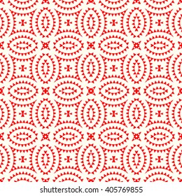 Seamless pattern with symmetric geometric ornament. Red white triangles and polygons abstract background. Abstract repeated figures wallpaper. Vector illustration