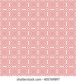 Seamless pattern with symmetric geometric ornament. Red white triangles and polygons abstract background. Abstract repeated figures wallpaper. Vector illustration
