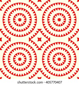 Seamless pattern with symmetric geometric ornament. Red white triangles and polygons abstract background. Abstract repeated figures wallpaper. Vector illustration
