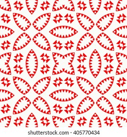 Seamless pattern with symmetric geometric ornament. Red white triangles and polygons abstract background. Abstract repeated figures wallpaper. Vector illustration