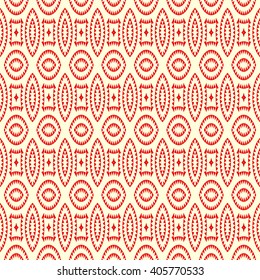 Seamless pattern with symmetric geometric ornament. Red white triangles and polygons abstract background. Abstract repeated figures wallpaper. Vector illustration