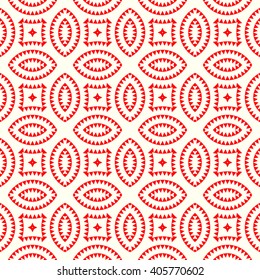 Seamless pattern with symmetric geometric ornament. Red white triangles and polygons abstract background. Abstract repeated figures wallpaper. Vector illustration