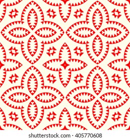 Seamless pattern with symmetric geometric ornament. Red white triangles and polygons abstract background. Abstract repeated figures wallpaper. Vector illustration
