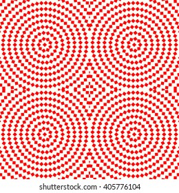 Seamless pattern with symmetric geometric ornament. Red white squares and rhombuses abstract background. Abstract repeated geometrical figures wallpaper. Vector illustration