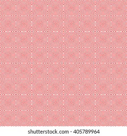 Seamless pattern with symmetric geometric ornament. Red white squares and rhombuses abstract background. Abstract repeated geometrical figures wallpaper. Vector illustration
