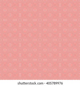 Seamless pattern with symmetric geometric ornament. Red white squares and rhombuses abstract background. Abstract repeated geometrical figures wallpaper. Vector illustration