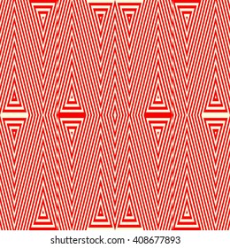 Seamless pattern with symmetric geometric ornament. Striped red white abstract background. Abstract repeated triangles wallpaper. Vector illustration
