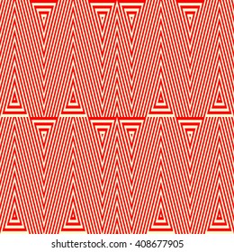 Seamless pattern with symmetric geometric ornament. Striped red white abstract background. Abstract repeated triangles wallpaper. Vector illustration