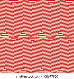 Seamless pattern with symmetric geometric ornament. Striped red white abstract background. Abstract repeated triangles wallpaper. Vector illustration