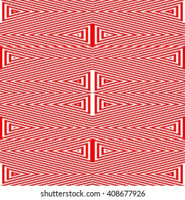 Seamless pattern with symmetric geometric ornament. Striped red white abstract background. Abstract repeated triangles wallpaper. Vector illustration