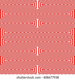 Seamless pattern with symmetric geometric ornament. Striped red white abstract background. Abstract repeated triangles wallpaper. Vector illustration