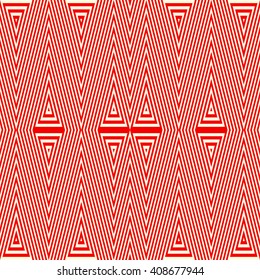 Seamless pattern with symmetric geometric ornament. Striped red white abstract background. Abstract repeated triangles wallpaper. Vector illustration