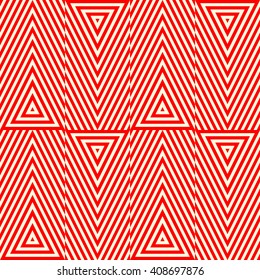 Seamless pattern with symmetric geometric ornament. Striped red white abstract background. Abstract repeated triangles wallpaper. Vector illustration