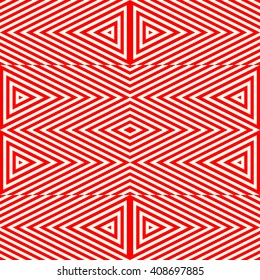 Seamless pattern with symmetric geometric ornament. Striped red white abstract background. Abstract repeated triangles wallpaper. Vector illustration