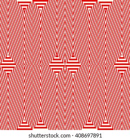 Seamless pattern with symmetric geometric ornament. Striped red white abstract background. Abstract repeated triangles wallpaper. Vector illustration