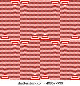 Seamless pattern with symmetric geometric ornament. Striped red white abstract background. Abstract repeated triangles wallpaper. Vector illustration