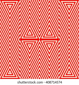 Seamless pattern with symmetric geometric ornament. Striped red white abstract background. Abstract repeated triangles wallpaper. Vector illustration