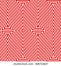 Seamless pattern with symmetric geometric ornament. Striped red white abstract background. Abstract repeated triangles wallpaper. Vector illustration