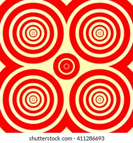 Seamless pattern with symmetric geometric ornament. Red white circles and rhombuses abstract background. Abstract repeated spheres wallpaper. Vector illustration