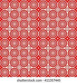 Seamless pattern with symmetric geometric ornament. Red white circles and rhombuses abstract background. Abstract repeated spheres wallpaper. Vector illustration 