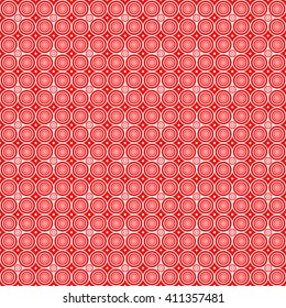 Seamless pattern with symmetric geometric ornament. Red white circles and rhombuses abstract background. Abstract repeated spheres wallpaper. Vector illustration 