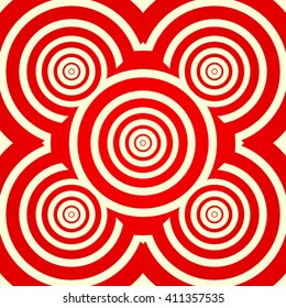 Seamless pattern with symmetric geometric ornament. Red white circles and rhombuses abstract background. Abstract repeated spheres wallpaper. Vector illustration 
