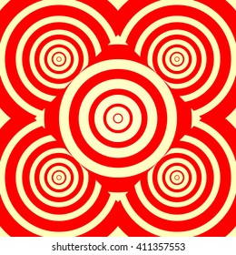 Seamless pattern with symmetric geometric ornament. Red white circles and rhombuses abstract background. Abstract repeated spheres wallpaper. Vector illustration 