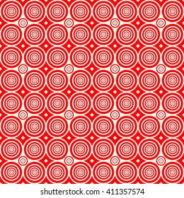 Seamless pattern with symmetric geometric ornament. Red white circles and rhombuses abstract background. Abstract repeated spheres wallpaper. Vector illustration 