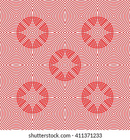 Seamless pattern with symmetric geometric ornament. Red white circles and rhombuses abstract background. Abstract repeated spheres wallpaper. Vector illustration 
