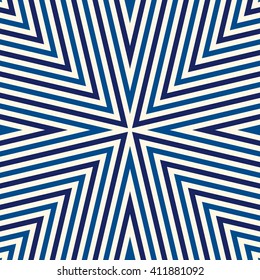 Seamless pattern with symmetric geometric ornament. Striped blue white abstract background. Vector illustration