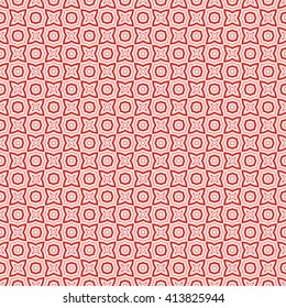 Seamless pattern with symmetric geometric ornament. Red white circles abstract background. Abstract repeated spheres and stars wallpaper. Vector illustration