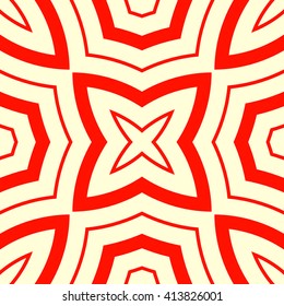 Seamless pattern with symmetric geometric ornament. Red white circles abstract background. Abstract repeated spheres and stars wallpaper. Vector illustration