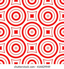 Seamless pattern with symmetric geometric ornament. Red white circles and square abstract background.  Abstract repeated spheres and lines wallpaper. Vector illustration