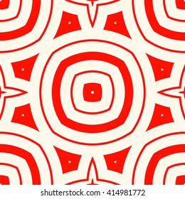 Seamless pattern with symmetric geometric ornament. Red white circles and stars abstract background.  Abstract repeated spheres and circuit lines wallpaper. Vector illustration