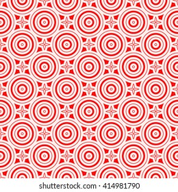 Seamless pattern with symmetric geometric ornament. Red white circles and stars abstract background.  Abstract repeated spheres and circuit lines wallpaper. Vector illustration