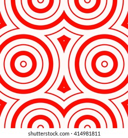 Seamless pattern with symmetric geometric ornament. Red white circles and rhombuses abstract background.  Abstract repeated spheres and circuit lines wallpaper. Vector illustration