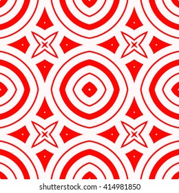 Seamless pattern with symmetric geometric ornament. Red white circles and stars abstract background.  Abstract repeated spheres and circuit lines wallpaper. Vector illustration